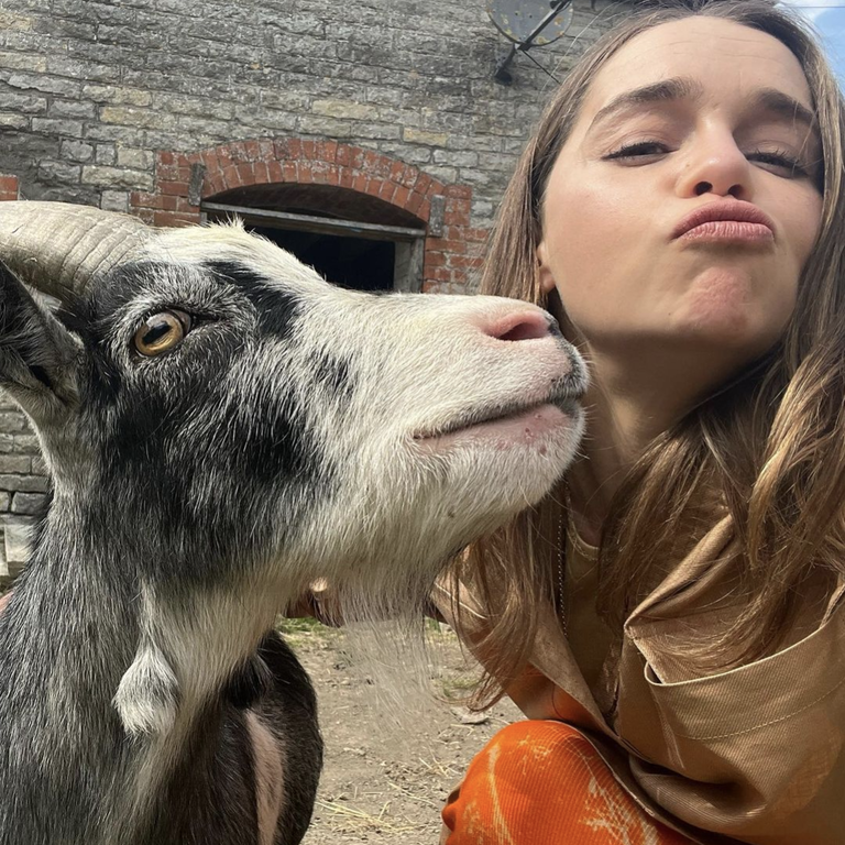 Emilia Clarke MBE with rescue goat, Bertie